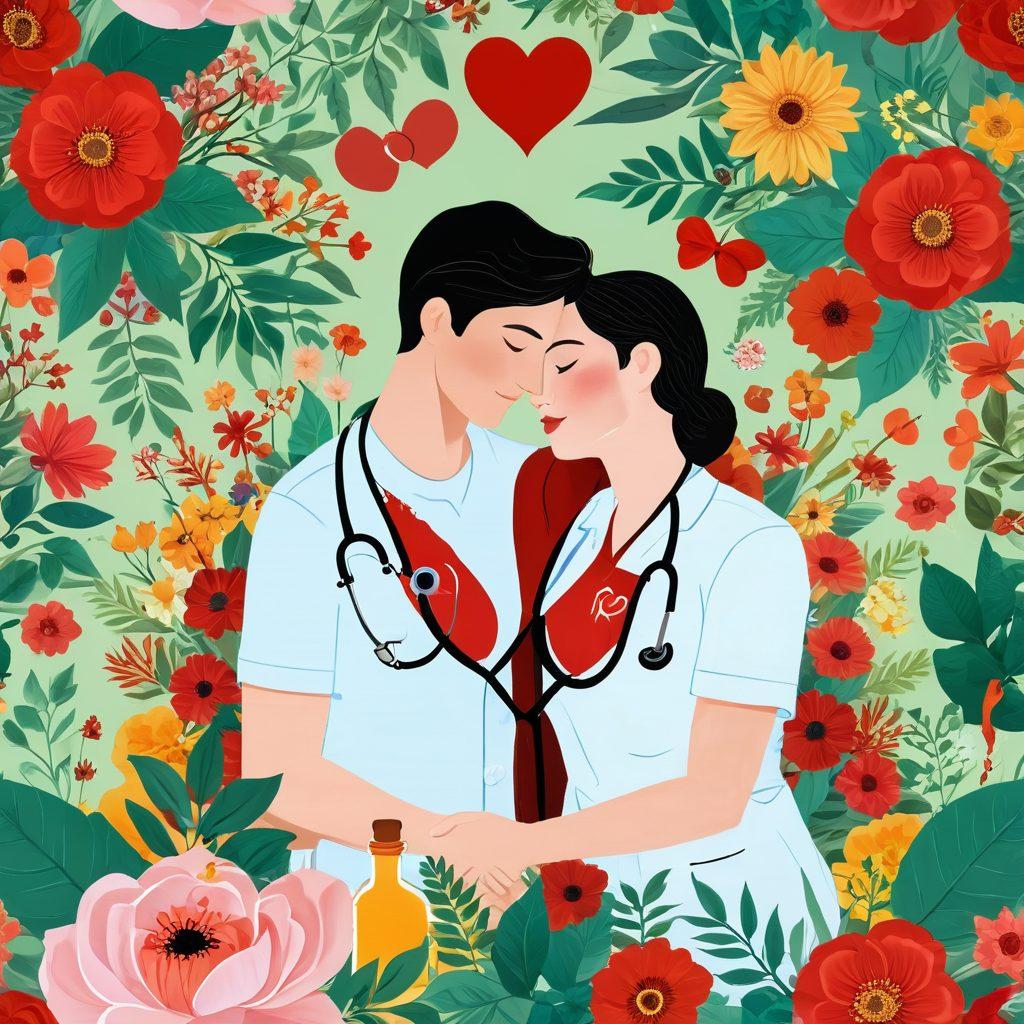 A serene and nurturing scene depicting a couple surrounded by health symbols, such as a heart-shaped stethoscope and blood analysis vials intertwined with blooming flowers. Soft, warm colors evoke love and wellness, while elements like a sunny sky and gentle greenery emphasize vitality. The couple should radiate happiness, symbolizing the bond between health monitoring and love's longevity. super-realistic. vibrant colors. tranquil background.
