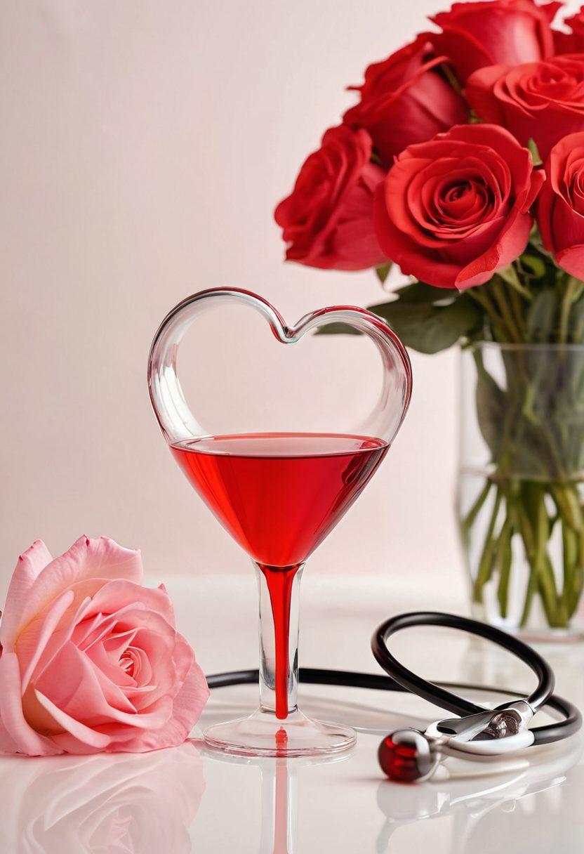 A heart-shaped lab test tube filled with vibrant red liquid, resting on a bed of soft white roses, symbolizing love and health. In the background, a stethoscope and a heartbeat graph blend into a serene pastel atmosphere. Light softly glints off the glass, enhancing the connection between affection and wellness. super-realistic. vibrant colors. soft background.