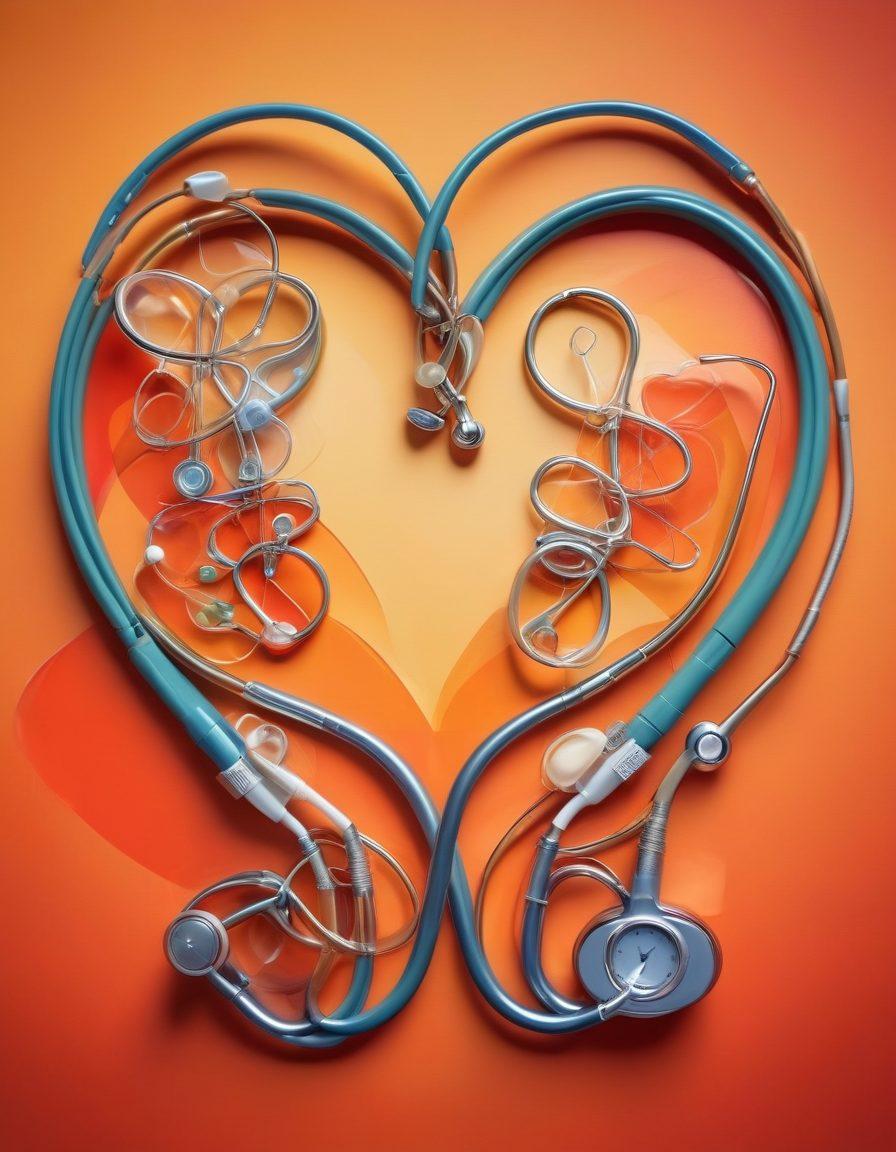 An abstract representation of love and care intertwining with medical symbols like stethoscopes and heart monitors, symbolizing the transformation of affection into health action. Incorporate a warm color palette with gentle heart shapes blending into medical charts. The image should convey a sense of warmth, compassion, and motivation towards health assessments. super-realistic. vibrant colors.